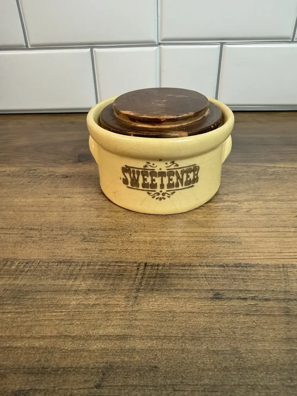 Vintage Pfaltzgraff Sweetener Ceramic Crock Container w/Wooden Lid - Crazing